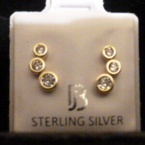 3 Stone Bezel CZ Earrings 14K Gold /925 Sterling Silver Cubic Zirconia Studs